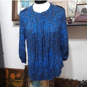 Womens classy Dress shirt Blouse button up front blue black print design L ANA